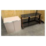 Metal, glass, and wood TV stand, and Glass and mirrored end table