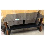 Metal, glass, and wood TV stand, and Glass and mirrored end table