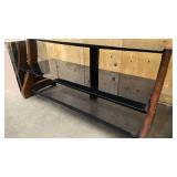 Metal, glass, and wood TV stand, and Glass and mirrored end table