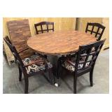 Vintage wood table with metal legs and casters, and 4 solid wood chairs