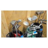 three right handed sets of clubs and bags = R5 driver, and misc clubs