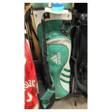 three right handed sets of clubs and bags = R5 driver, and misc clubs