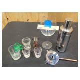 Misc barware = mixer, wine glass, shot glassses