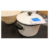 Two pots with lids, strainer, and large plastic bowl