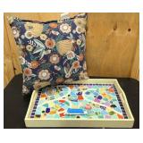 Decorative pillow, and hand painted, and tiled tray