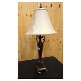 Solid leather, and metal floor lamp with decorative shade 36" tall