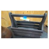 Rustic living décor = small wooden globe, large painted metal pear, and rustic wooden box with handle