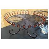 Decorative metal serving basket, decorative glass bowl, and bamboo bowl