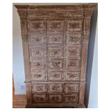 K - Tall Antique-Style Wood Cabinet with Distressed Finish, Multiple Drawers, Shelves and Electrical Connection