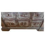 K - Tall Antique-Style Wood Cabinet with Distressed Finish, Multiple Drawers, Shelves and Electrical Connection
