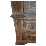 K - Tall Antique-Style Wood Cabinet with Distressed Finish, Multiple Drawers, Shelves and Electrical Connection