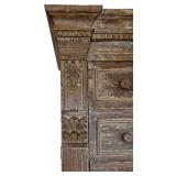 K - Tall Antique-Style Wood Cabinet with Distressed Finish, Multiple Drawers, Shelves and Electrical Connection