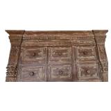 K - Tall Antique-Style Wood Cabinet with Distressed Finish, Multiple Drawers, Shelves and Electrical Connection