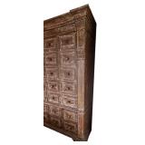 K - Tall Antique-Style Wood Cabinet with Distressed Finish, Multiple Drawers, Shelves and Electrical Connection