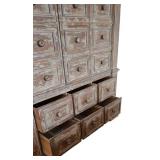 K - Tall Antique-Style Wood Cabinet with Distressed Finish, Multiple Drawers, Shelves and Electrical Connection