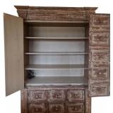 K - Tall Antique-Style Wood Cabinet with Distressed Finish, Multiple Drawers, Shelves and Electrical Connection