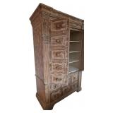 K - Tall Antique-Style Wood Cabinet with Distressed Finish, Multiple Drawers, Shelves and Electrical Connection