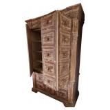 K - Tall Antique-Style Wood Cabinet with Distressed Finish, Multiple Drawers, Shelves and Electrical Connection