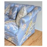 LR - Upholstered Sofa with Blue Bird and Floral Pattern and Pillows