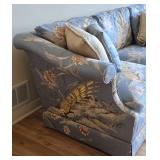 LR - Upholstered Sofa with Blue Bird and Floral Pattern and Pillows