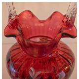 P - Fenton Glass Legacy Collection Hand-Painted Ruby Basket
