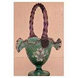 P - Fenton Signed Hand Painted New Century Collection Art Glass Basket 10.5in