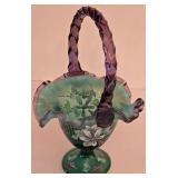 P - Fenton Signed Hand Painted New Century Collection Art Glass Basket 10.5in