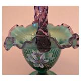 P - Fenton Signed Hand Painted New Century Collection Art Glass Basket 10.5in