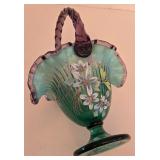 P - Fenton Signed Hand Painted New Century Collection Art Glass Basket 10.5in