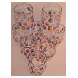 P - Polka Dot Colored Glass Pitcher and 8 Tumblers Set / Borské Sklo - "Nemo" by Max Kannegiesser Pattern / Czech Bohemian Art Glass Countess Collection / Pitcher and Glasses / Coin Dots Gold Mauve P