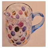 P - Polka Dot Colored Glass Pitcher and 8 Tumblers Set / Borské Sklo - "Nemo" by Max Kannegiesser Pattern / Czech Bohemian Art Glass Countess Collection / Pitcher and Glasses / Coin Dots Gold Mauve P