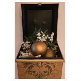PK - Decorative Vintage-Style Metal Box with Gold Spheres and Faux Flowers