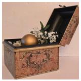 PK - Decorative Vintage-Style Metal Box with Gold Spheres and Faux Flowers