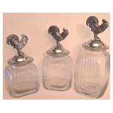 P - Set of 3 Glass Canisters with Pewter Rooster Lids