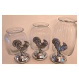 P - Set of 3 Glass Canisters with Pewter Rooster Lids