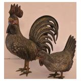 P - Pair of Cast Metal Rooster and Hen Decorative Figurines