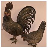 P - Pair of Cast Metal Rooster and Hen Decorative Figurines