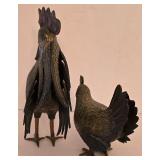 P - Pair of Cast Metal Rooster and Hen Decorative Figurines