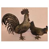 P - Pair of Cast Metal Rooster and Hen Decorative Figurines