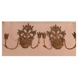 P - Pair of Ornate Gold-Tone Wall Sconces with Decorative Leaf Design