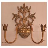 P - Pair of Ornate Gold-Tone Wall Sconces with Decorative Leaf Design