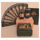 P - Japanese Lacquer Jewelry Box, Porcelain Covered Cups, and Decorative Fan Set
