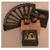 P - Japanese Lacquer Jewelry Box, Porcelain Covered Cups, and Decorative Fan Set
