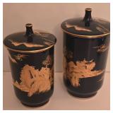 P - Japanese Lacquer Jewelry Box, Porcelain Covered Cups, and Decorative Fan Set