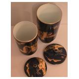 P - Japanese Lacquer Jewelry Box, Porcelain Covered Cups, and Decorative Fan Set