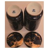 P - Japanese Lacquer Jewelry Box, Porcelain Covered Cups, and Decorative Fan Set