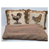 K - Taupe King Coverlet and Pair of Like New 18.5" Rooster Pillows