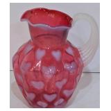 P - Vintage Fenton Glass Cranberry Opalescent Heart Optic Melon Pitcher