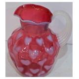P - Vintage Fenton Glass Cranberry Opalescent Heart Optic Melon Pitcher