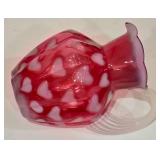 P - Vintage Fenton Glass Cranberry Opalescent Heart Optic Melon Pitcher